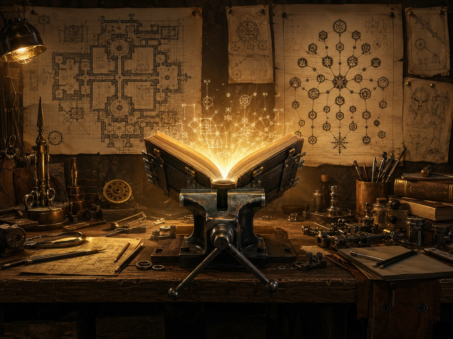 A lamplit workbench where an open book is clamped in an iron vice, a diagram of glowing linked nodes rising from its pages, the wall behind pinned with hand-drawn floor plans and constellation charts.
