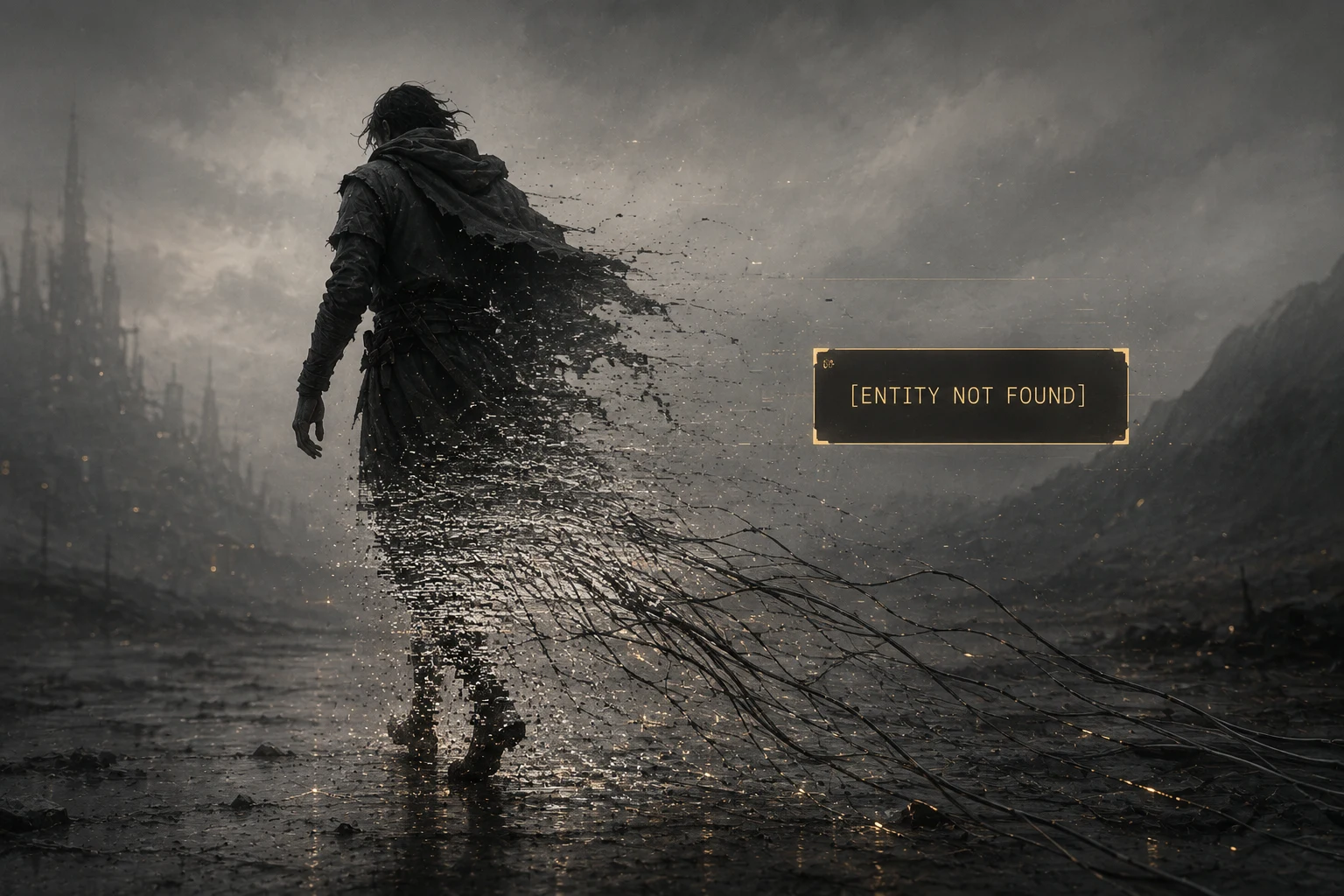 A cloaked figure walking away across wet ground, dissolving into
              streaks of pixels, beside a panel reading ENTITY NOT FOUND.