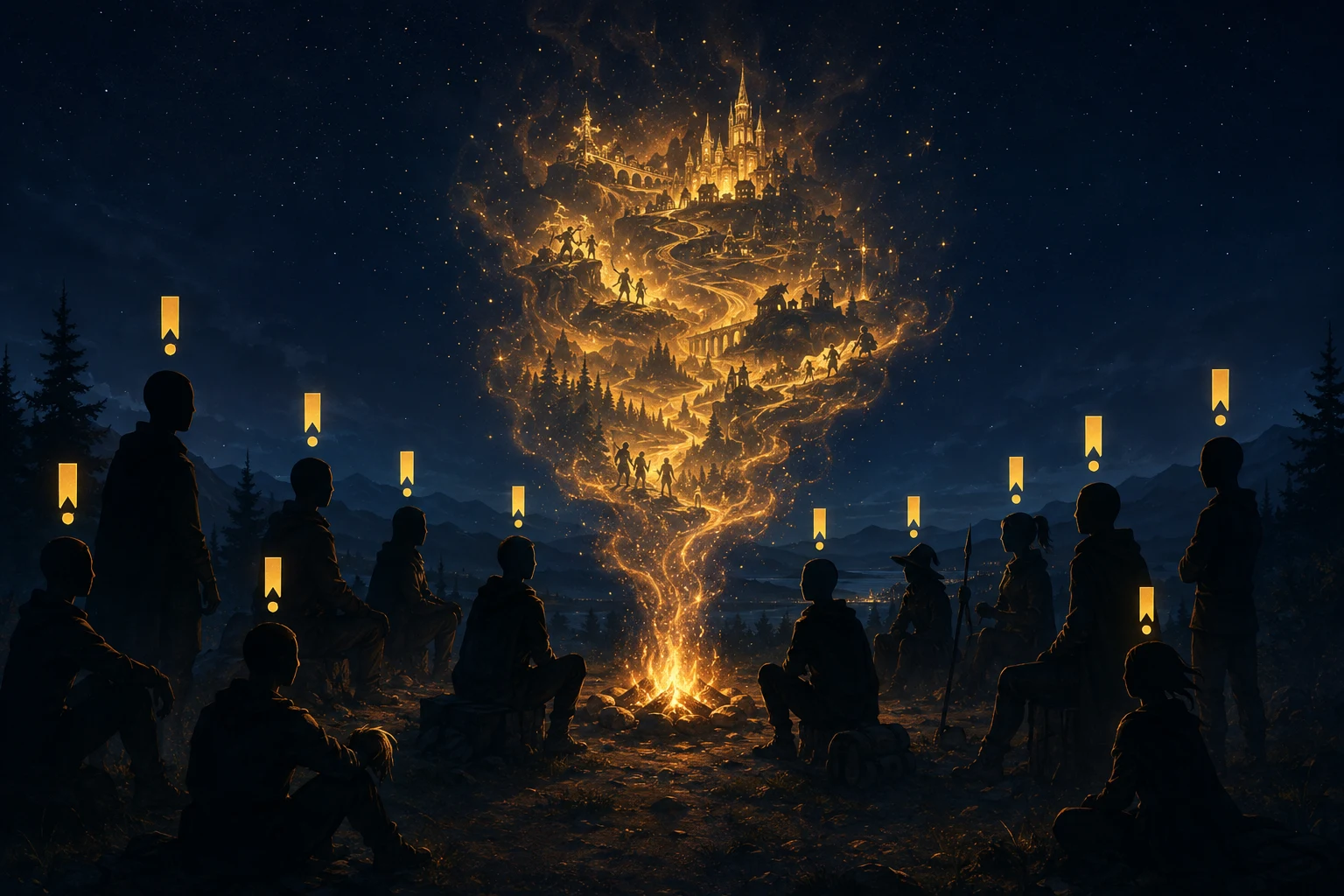Silhouetted writers sitting around a campfire at night, each
              marked with a glowing gold save point, the smoke rising into a lit
              world of paths and a castle.