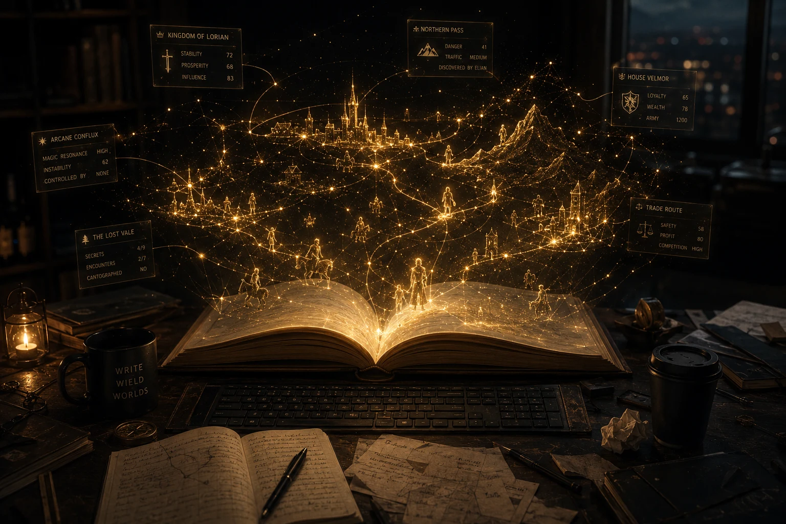 An open book on a night-time desk, a gold network of characters, cities and roads rising from its pages, ringed by floating panels of world stats.