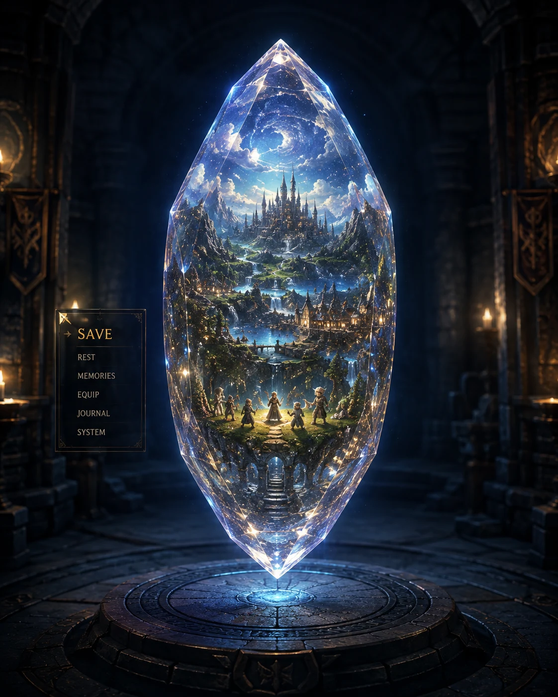 A tall faceted crystal glowing on a stone dais, holding a whole world inside it: a castle, waterfalls, a village and a small party of adventurers, with a game menu beside it reading SAVE, REST, MEMORIES, EQUIP, JOURNAL, SYSTEM.