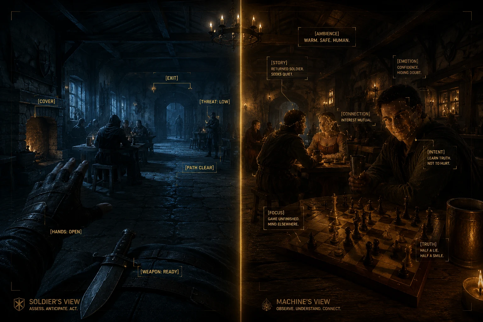 One tavern drawn twice. On the left, cold blue, a soldier's
            first-person view annotated COVER, EXIT, THREAT LOW, WEAPON READY. On
            the right, warm gold, the same room annotated STORY, EMOTION,
            CONNECTION, INTENT.