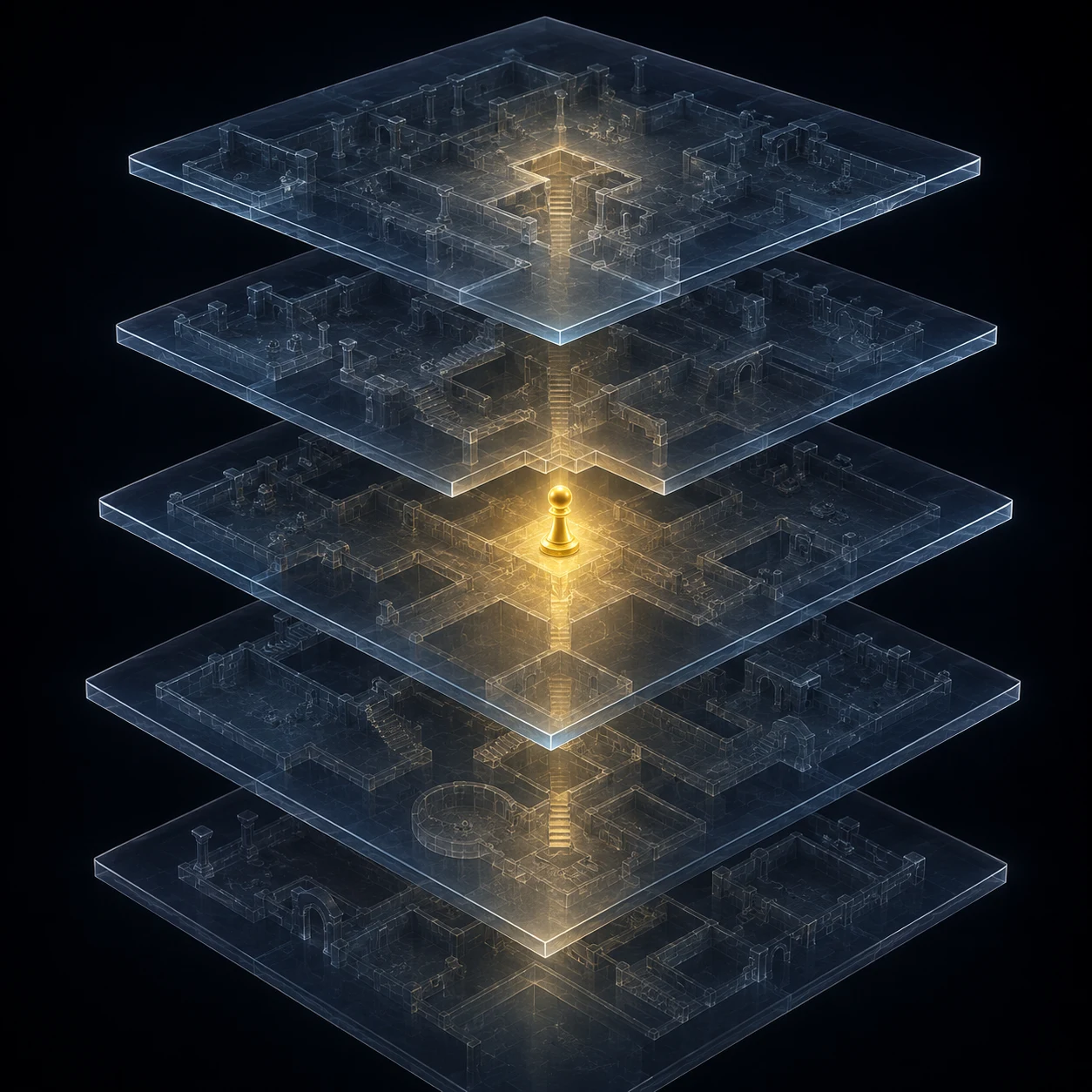 Five glass floorplans of a dungeon stacked one above another, a single gold pawn glowing on the middle layer, its light running down through every floor.